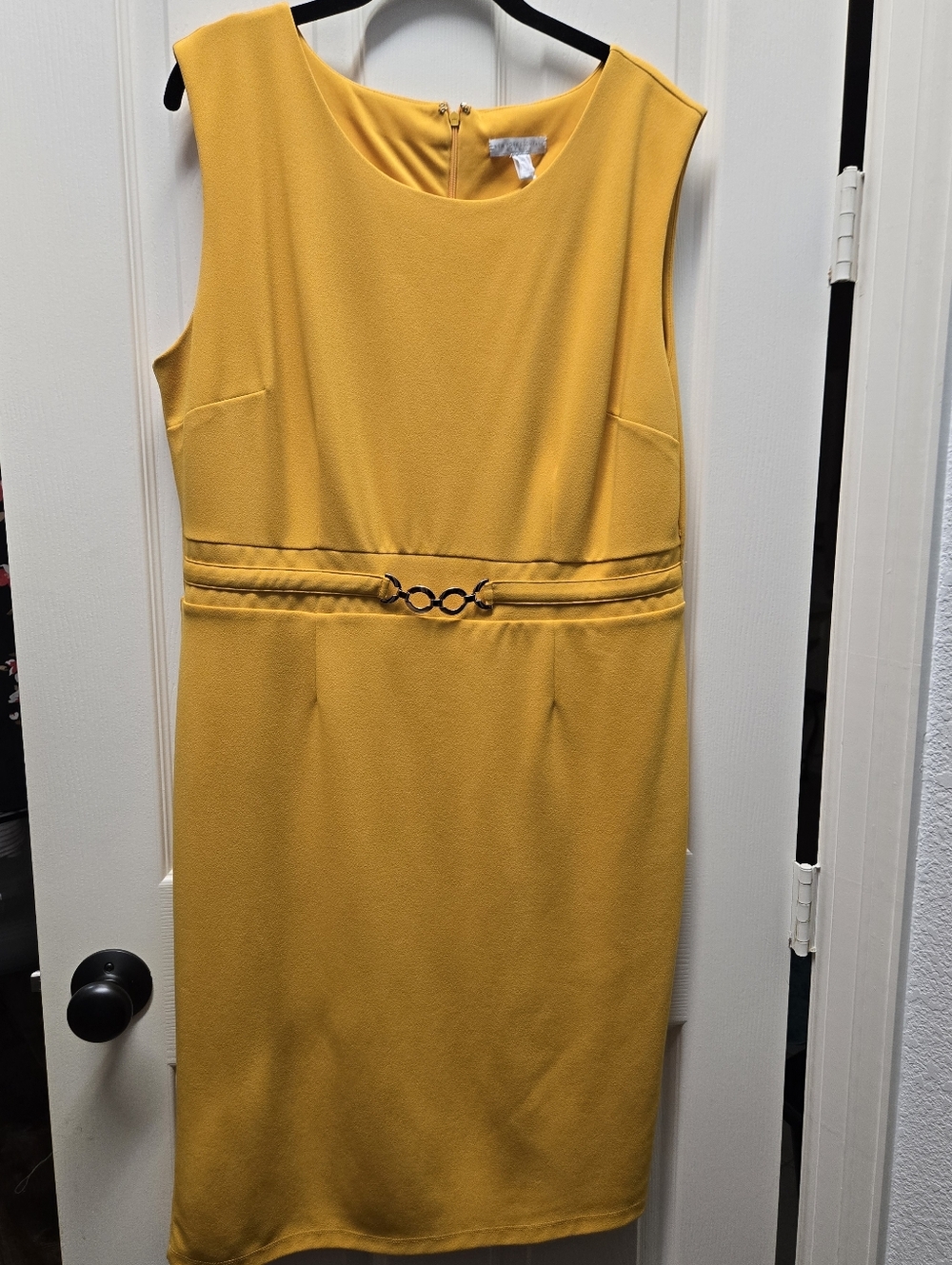 Sleek Mustard Midi Sheath Dress with Decorative Waist Rings
